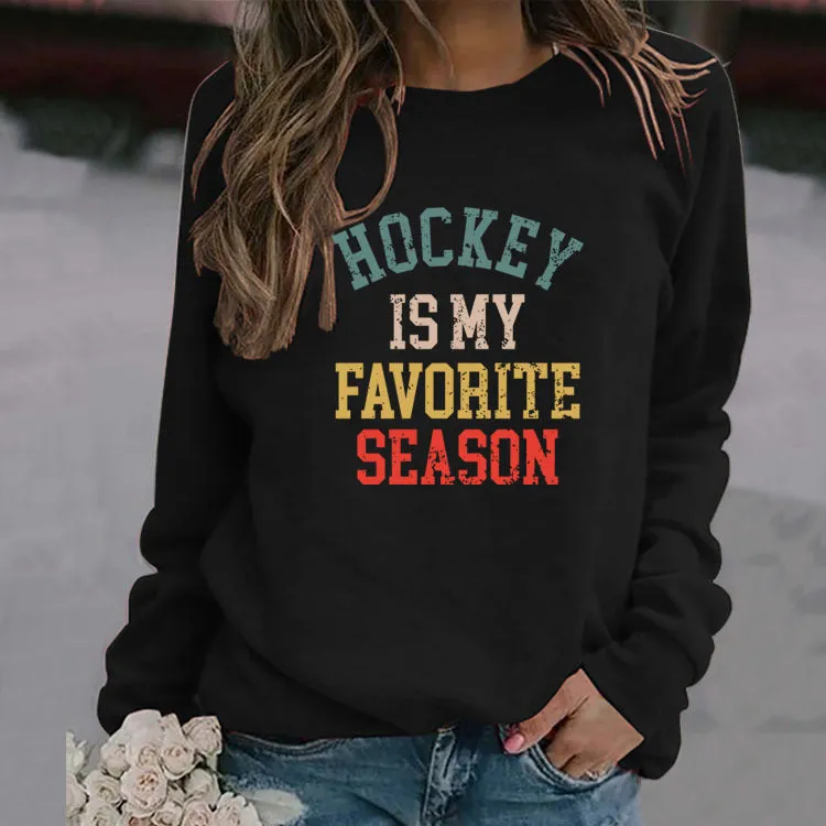 HOCKEY IS MY FAVORITE Letter Round Neck Plus Size Long Sleeve Sweater Girl