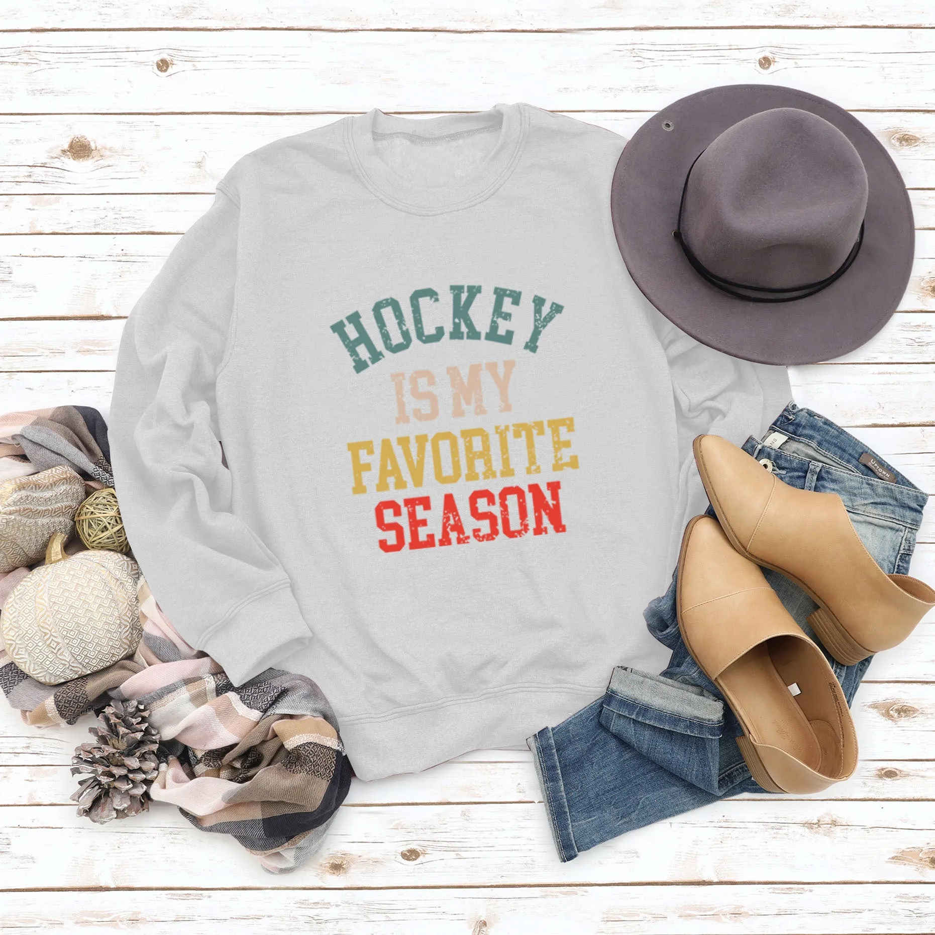 HOCKEY IS MY FAVORITE Letter Round Neck Plus Size Long Sleeve Sweater Girl