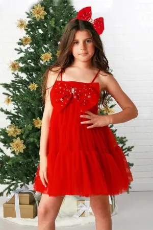 Holiday Sparkle Red Tulle Dress with Matching Bow, 12M-14