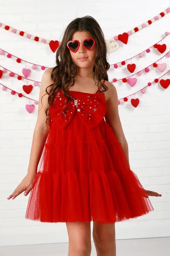 Holiday Sparkle Red Tulle Dress with Matching Bow, 12M-14