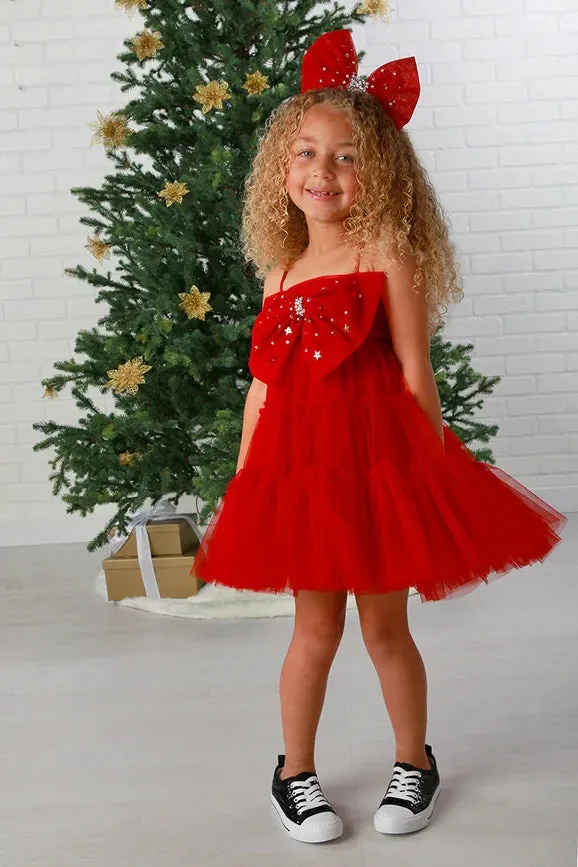 Holiday Sparkle Red Tulle Dress with Matching Bow, 12M-14