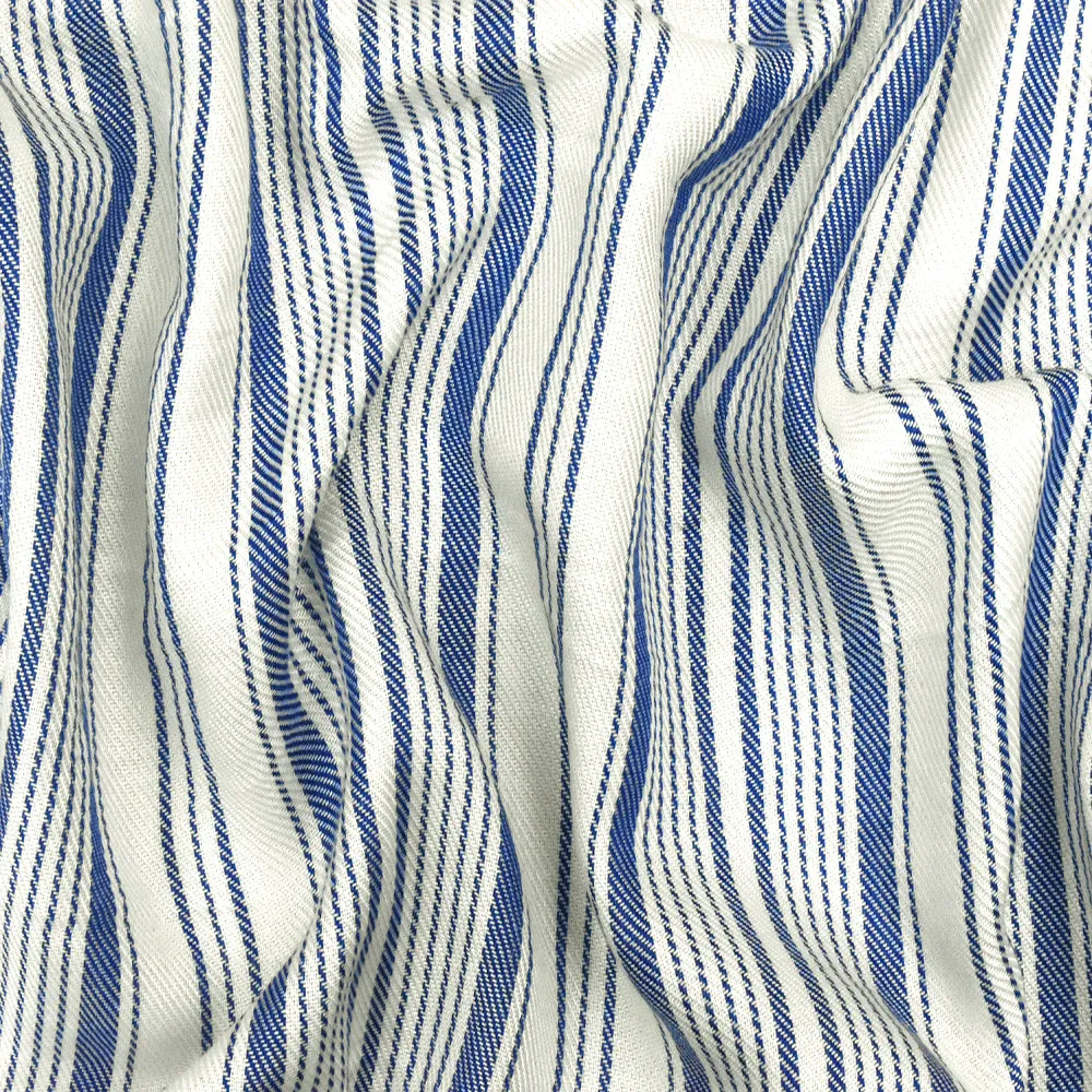 Ink Blue-White Famous Designer Stripe Rayon Twill Shirting Woven Fabric