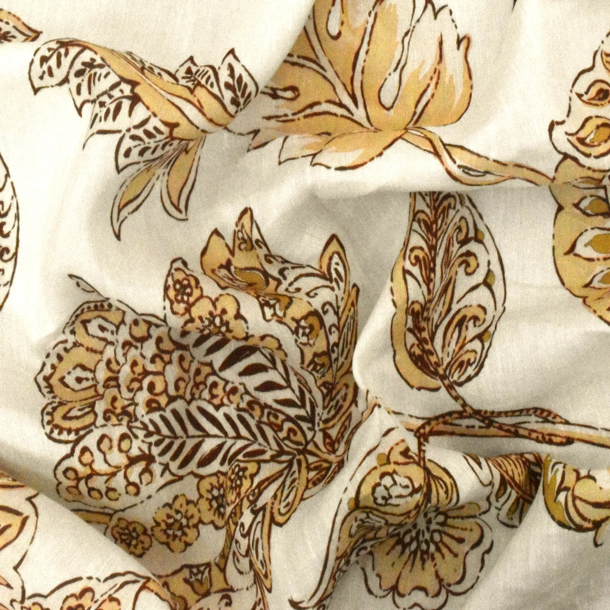 Ivory-Multi Flax Blend Famous Designer Floral Printed Slub Woven Fabric