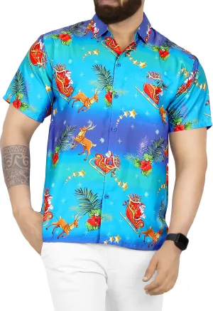 LA LEELA Men's 3D HD Santa Claus Christmas Button Down Short Sleeve Hawaiian Shirt Blue_AA192