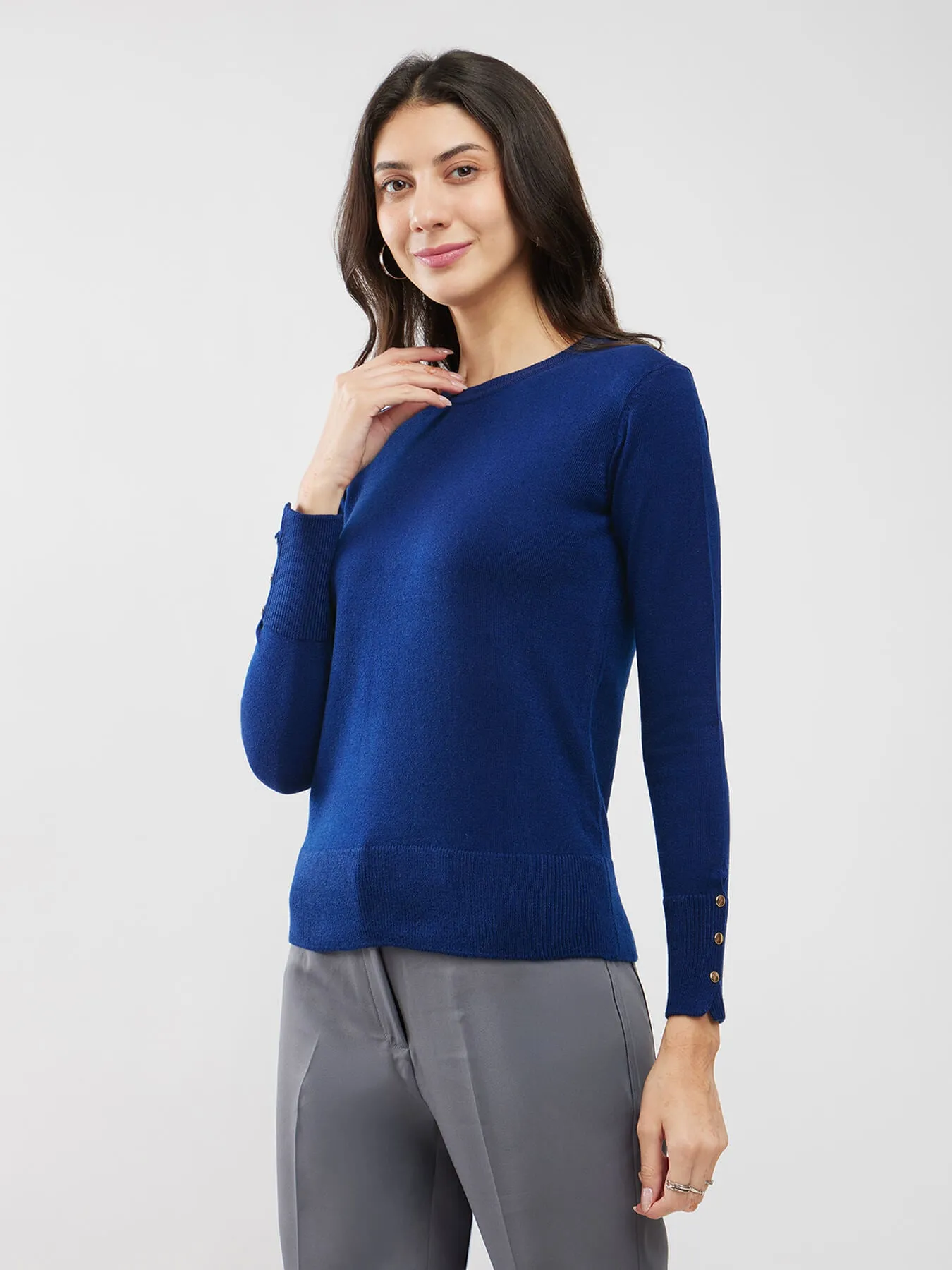 LivSoft Button Detail Sweater - Navy Blue