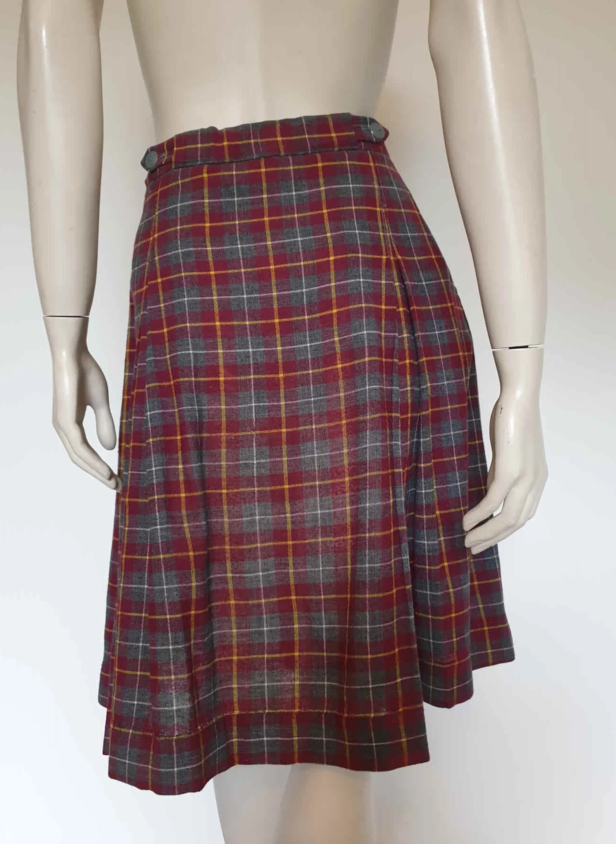 Maroon and Grey Tartan School Skirt by Buxwear - M