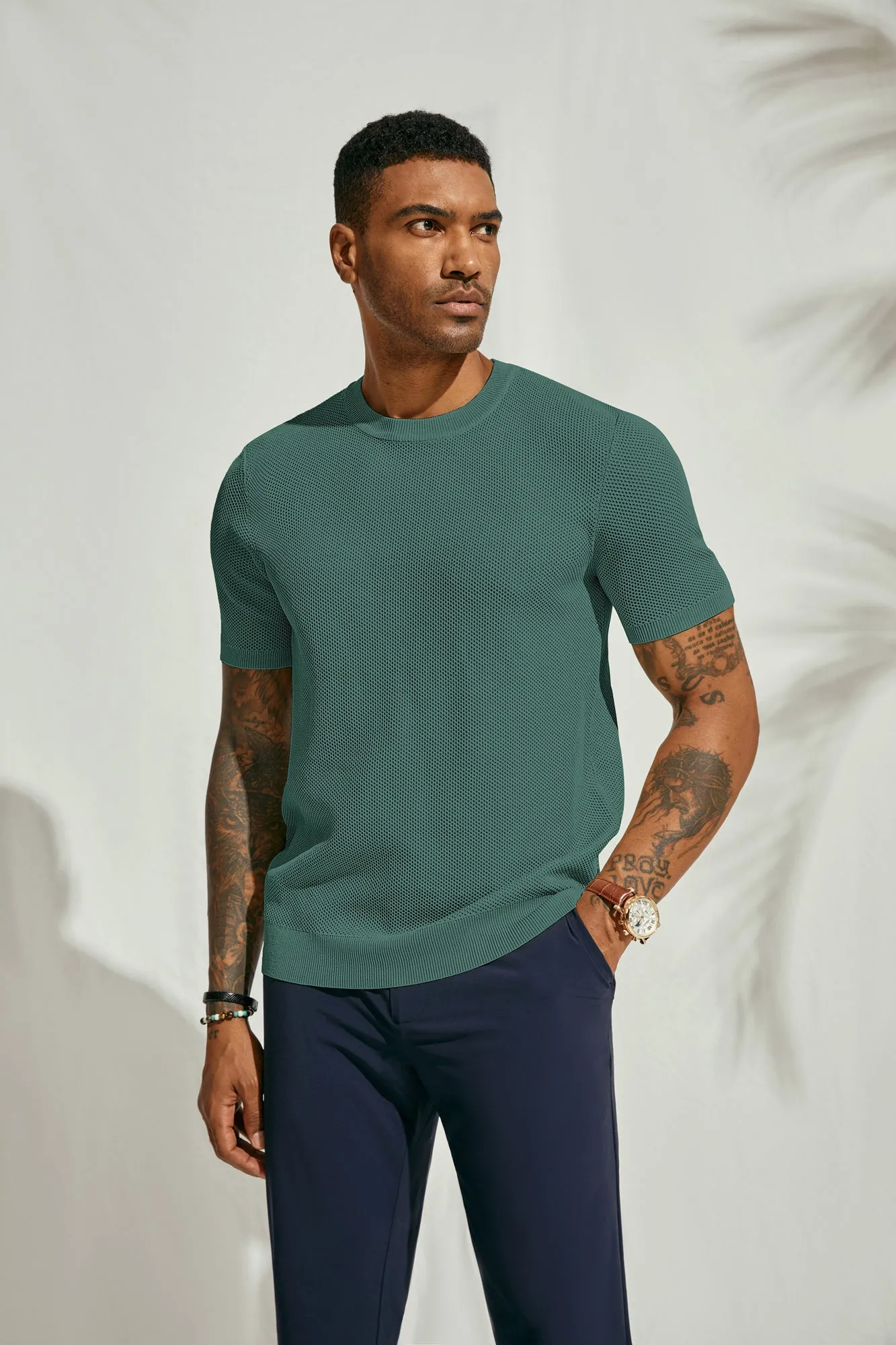 Men's T-Shirts Casual Knit Short Sleeve Crewneck Honeycomb Waffle Solid Knitted Pullover Tees