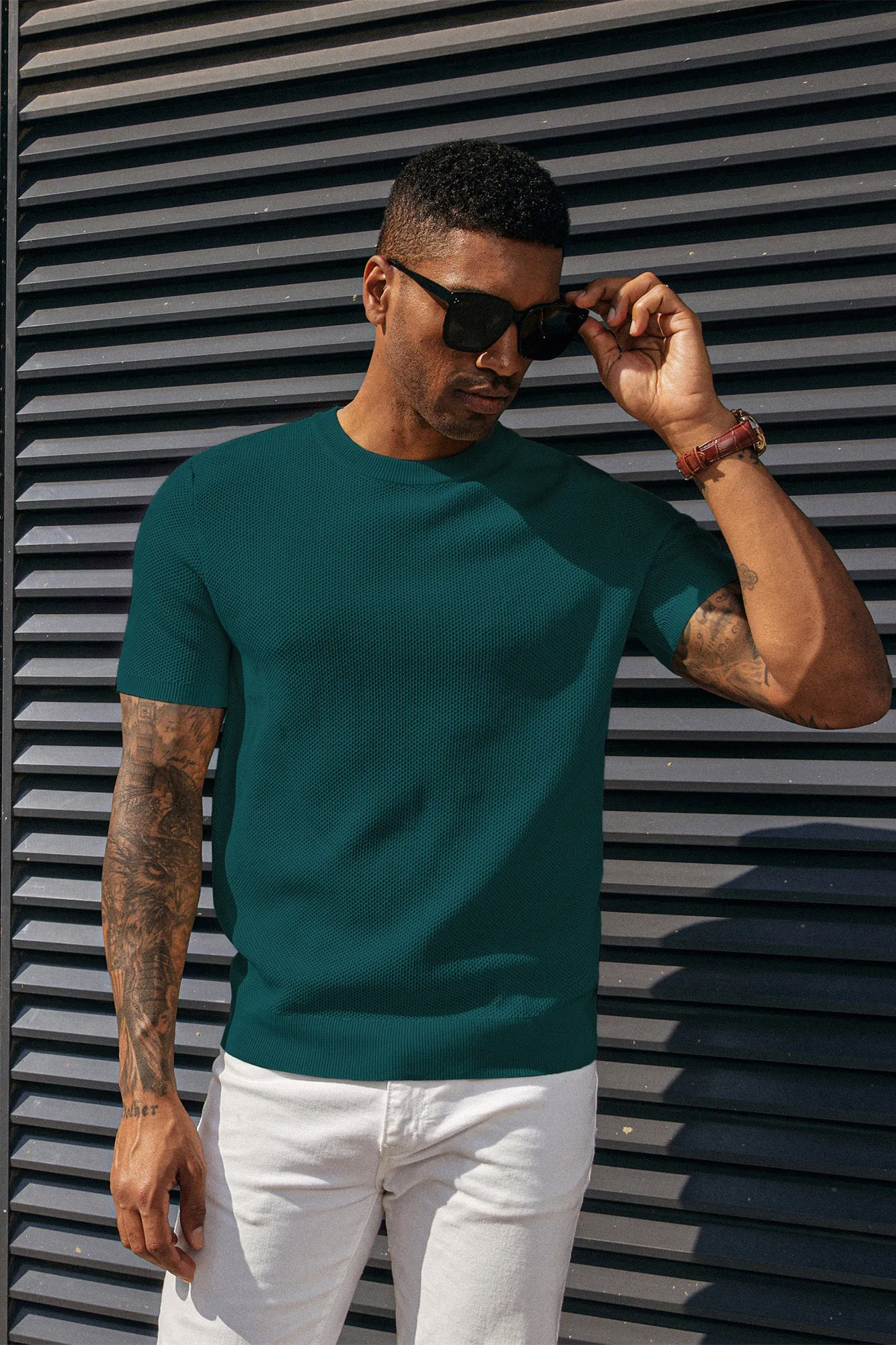 Men's T-Shirts Casual Knit Short Sleeve Crewneck Honeycomb Waffle Solid Knitted Pullover Tees