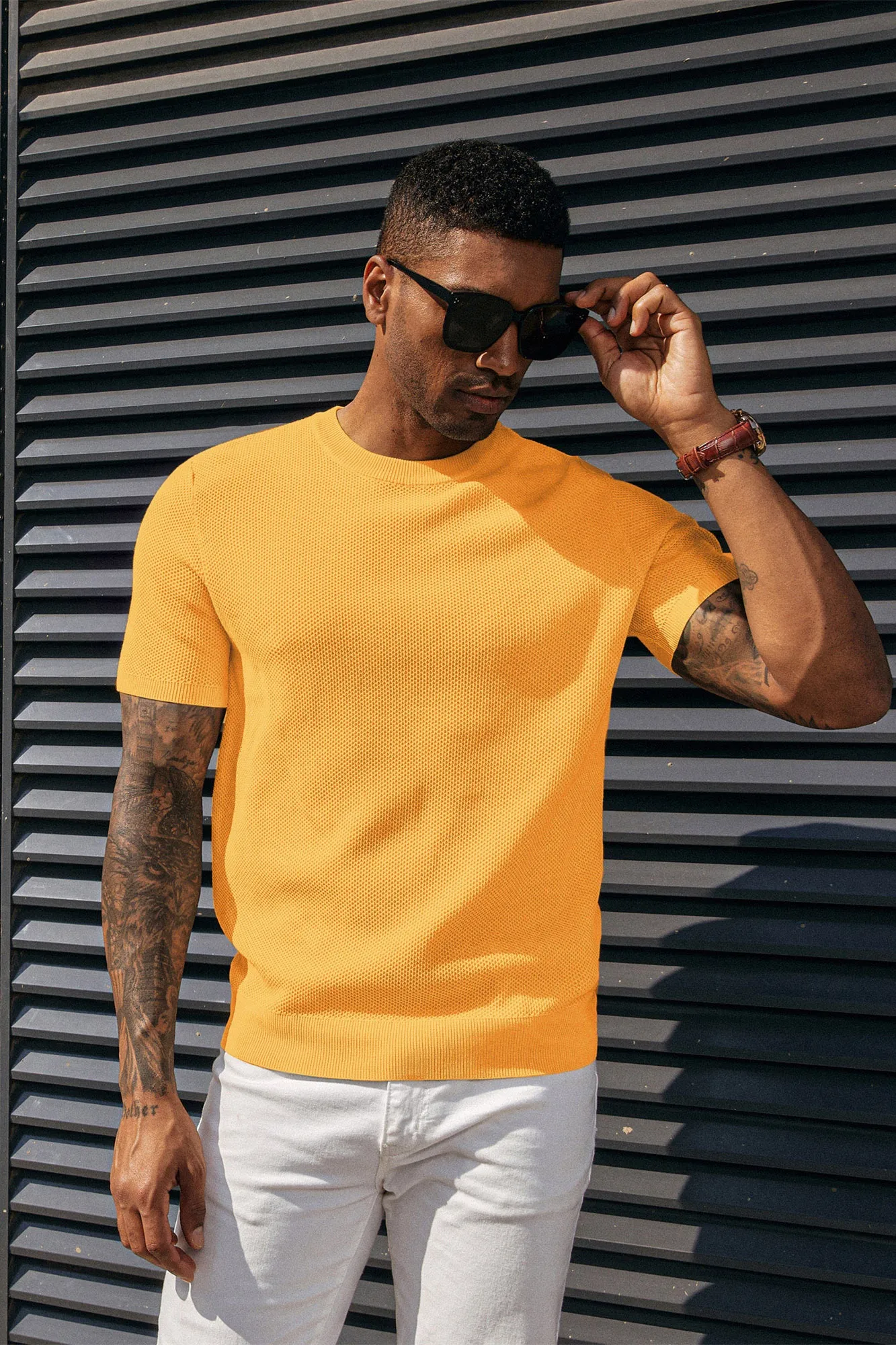 Men's T-Shirts Casual Knit Short Sleeve Crewneck Honeycomb Waffle Solid Knitted Pullover Tees