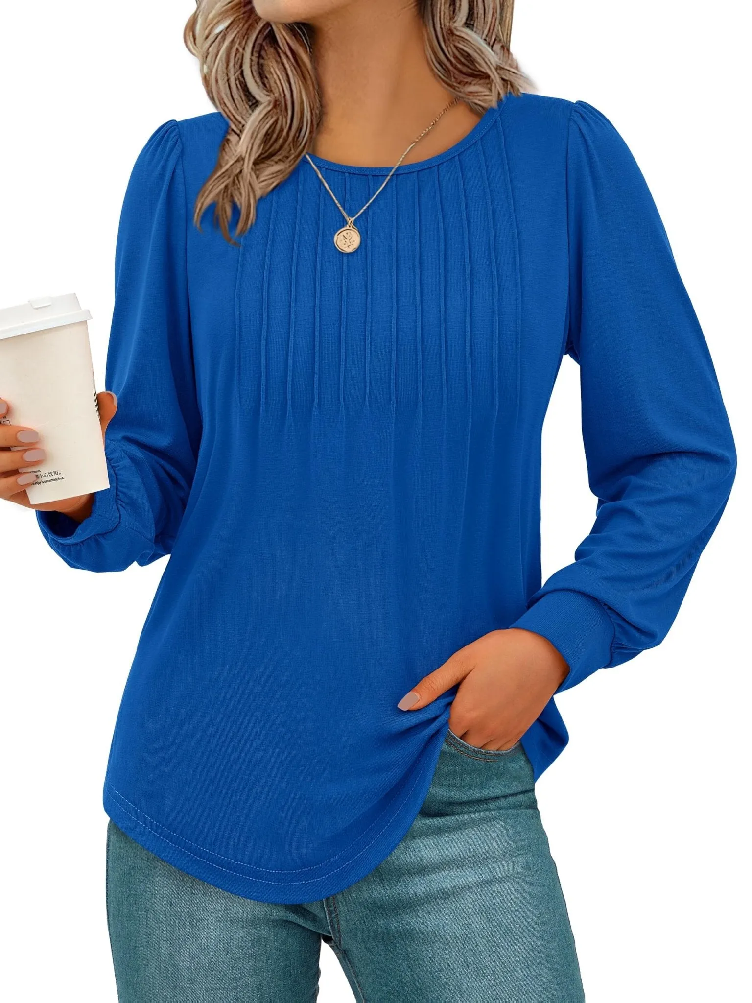 NALANISA Women's Puff Long Sleeve Tunic Tops Pleated Work Blouses Dressy Casual Loose Crew Neck T-Shirts Fall Fashion 2024(Blue,XL)