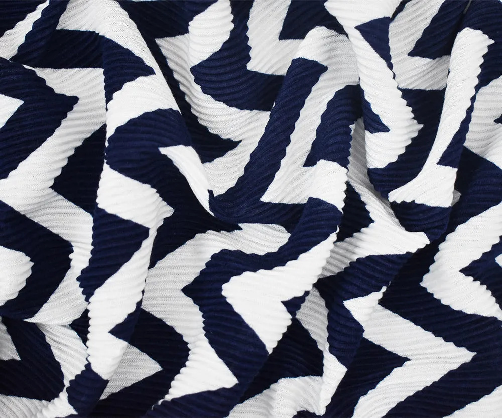 Navy-White Chevron Print Poly Stretch Pressed Pleated Satin Knit Fabric