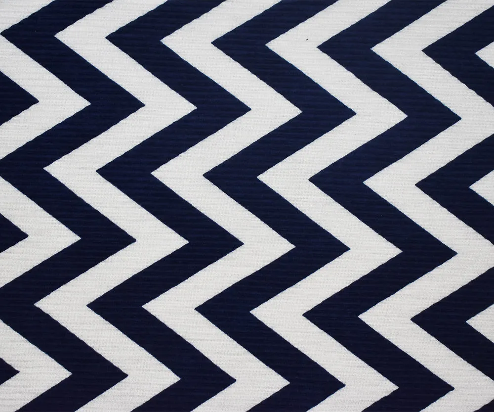 Navy-White Chevron Print Poly Stretch Pressed Pleated Satin Knit Fabric