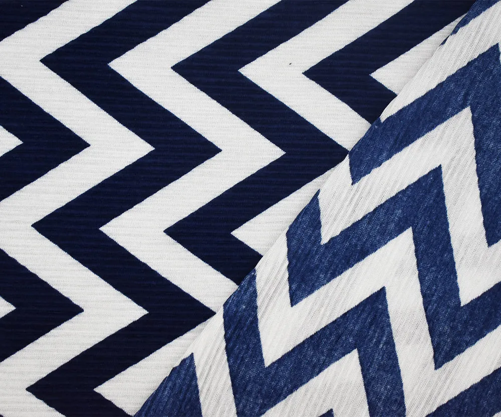 Navy-White Chevron Print Poly Stretch Pressed Pleated Satin Knit Fabric