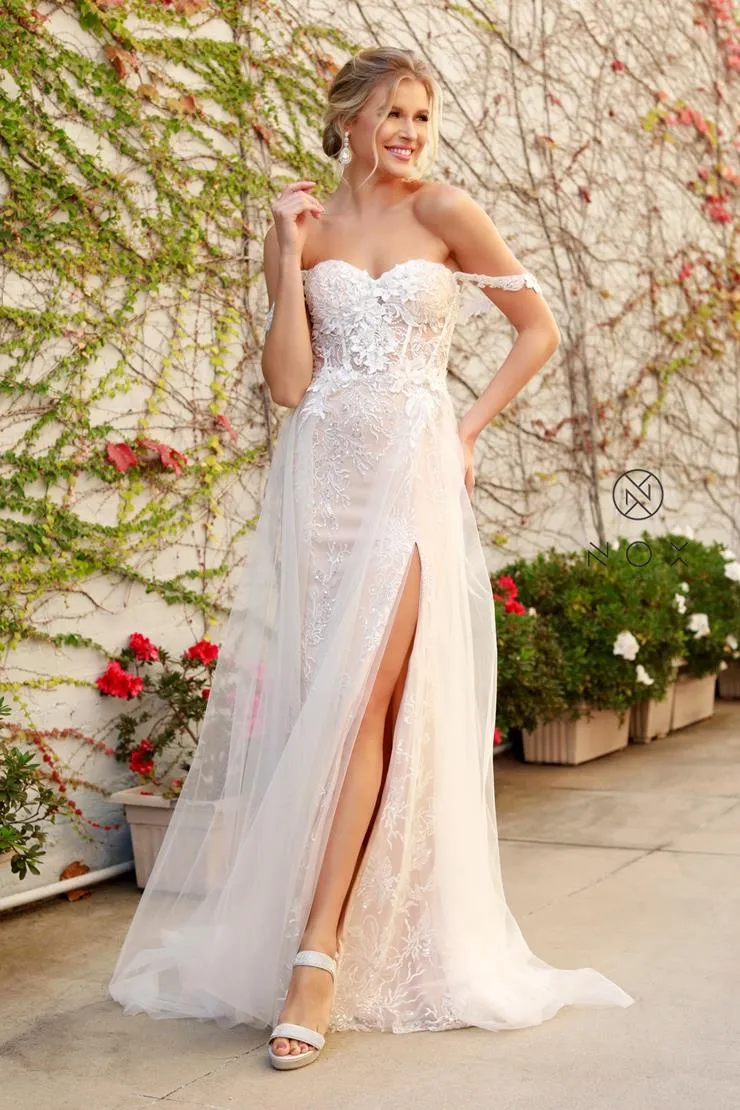 Nox Anabel E441 Size 4, 10, 14 Off the shoulder Sheer Lace Wedding Dress Slit Overskirt Bridal Gown Boho