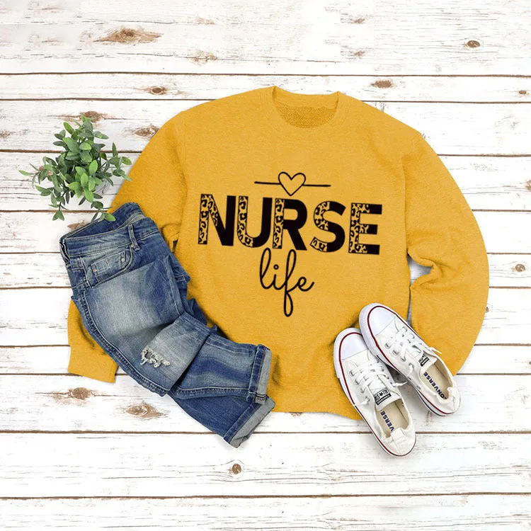 Pullover Round Neck Top Long Sleeve Nurse Life Printed Loose Sweater Cross Border