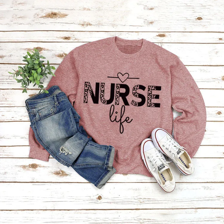 Pullover Round Neck Top Long Sleeve Nurse Life Printed Loose Sweater Cross Border