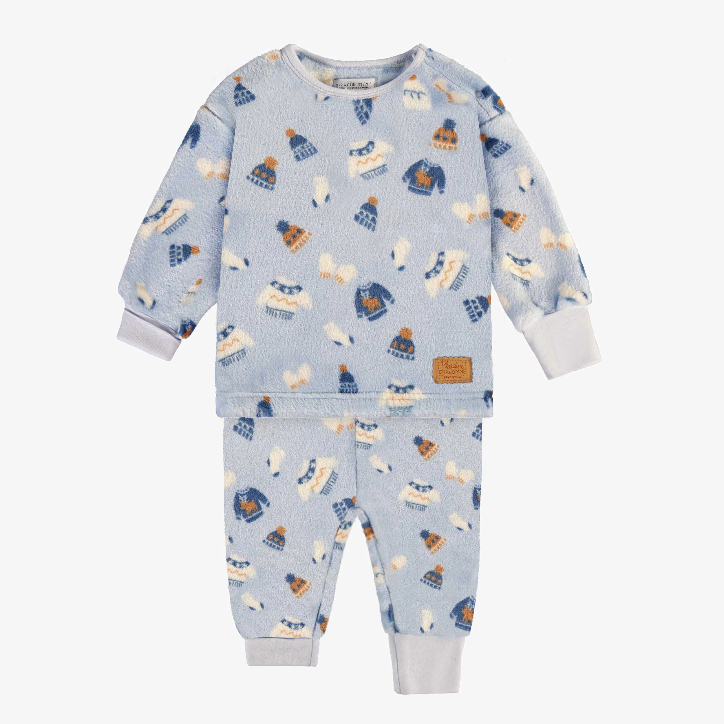 Pyjama deux pièces bleu à motif automnal en peluche, bébé || Blue two-piece pajamas with autumnal all over print in plush, baby