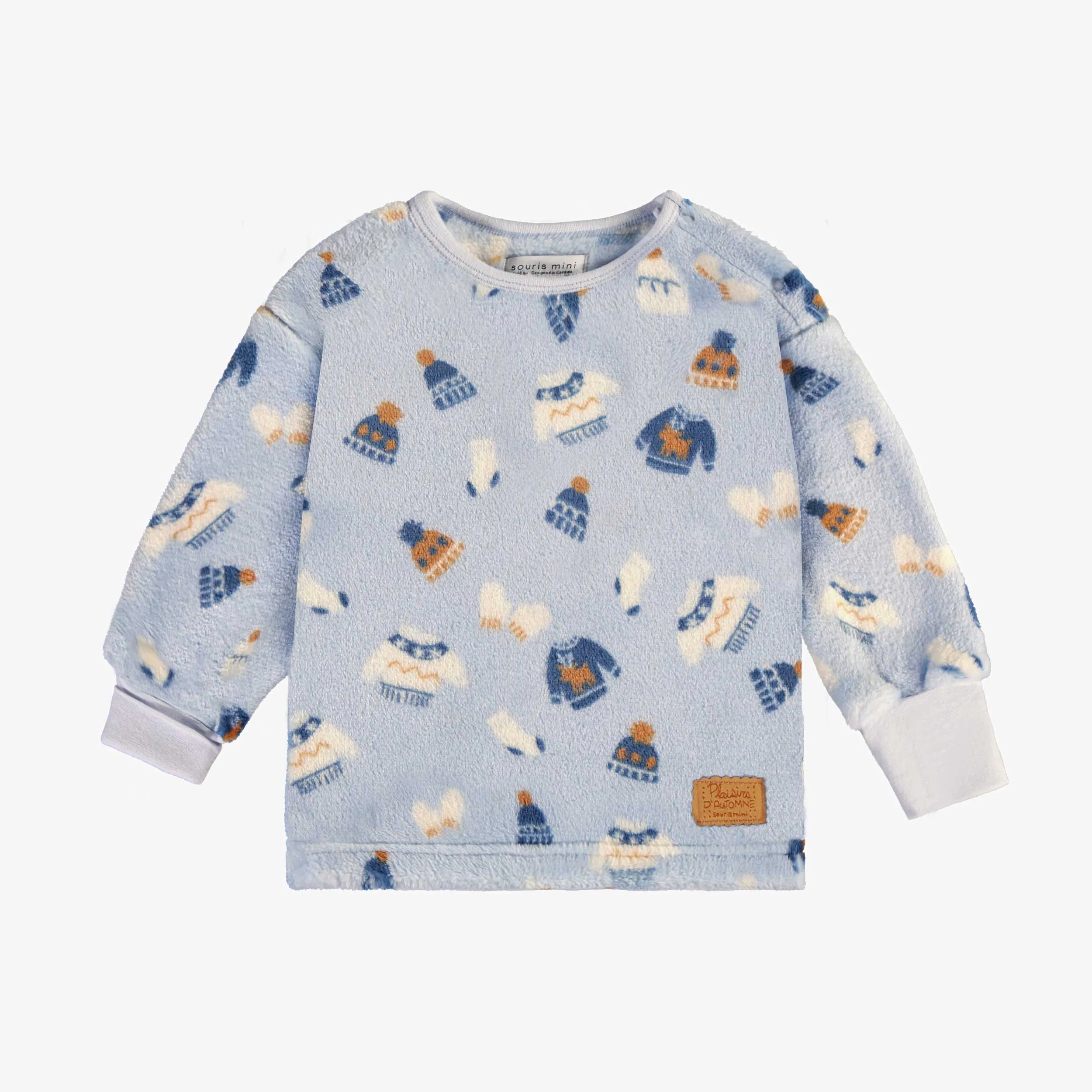 Pyjama deux pièces bleu à motif automnal en peluche, bébé || Blue two-piece pajamas with autumnal all over print in plush, baby