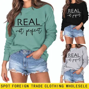 Real Not Perfect Letter-printed Round Neck Long-sleeved Sweater for Women