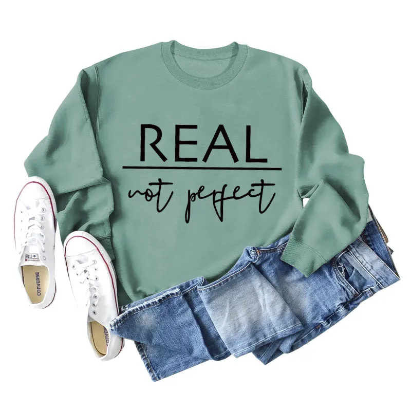 Real Not Perfect Letter-printed Round Neck Long-sleeved Sweater for Women