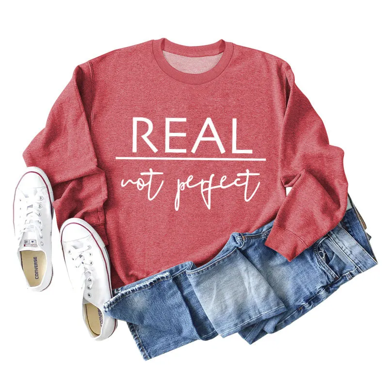 Real Not Perfect Letter-printed Round Neck Long-sleeved Sweater for Women