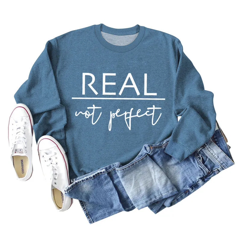 Real Not Perfect Letter-printed Round Neck Long-sleeved Sweater for Women