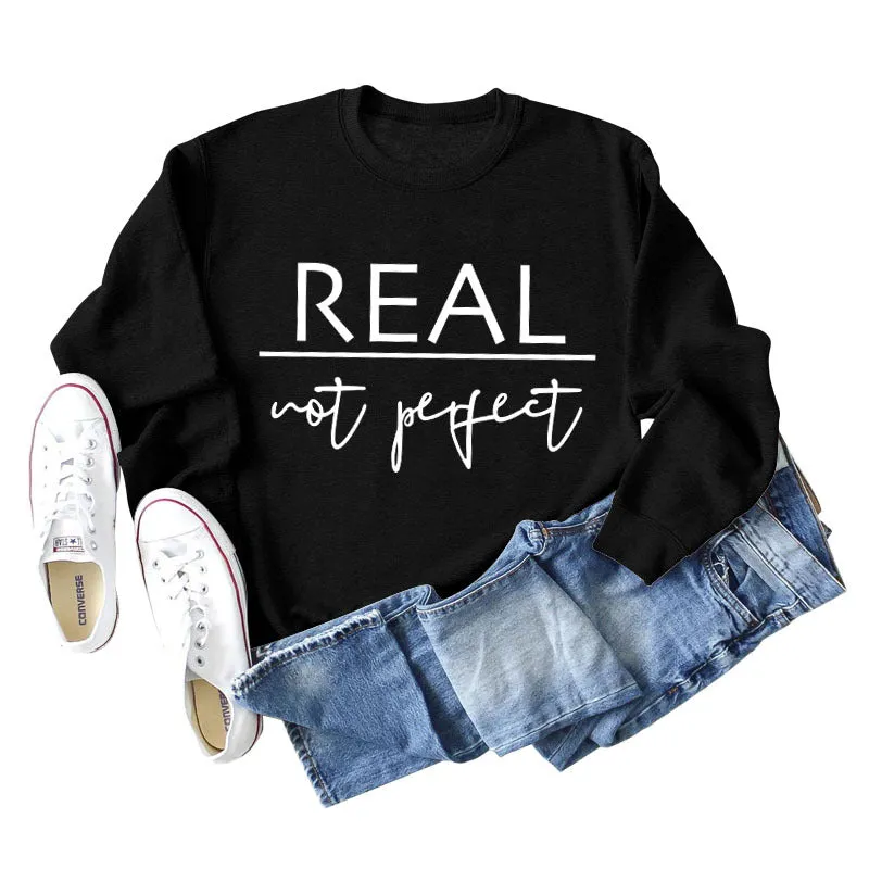 Real Not Perfect Letter-printed Round Neck Long-sleeved Sweater for Women