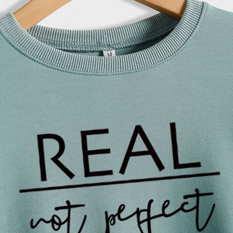 Real Not Perfect Letter-printed Round Neck Long-sleeved Sweater for Women