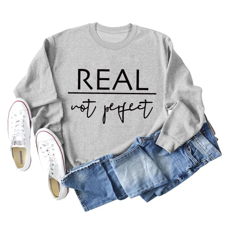 Real Not Perfect Letter-printed Round Neck Long-sleeved Sweater for Women