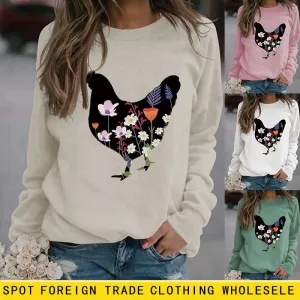 Rooster Printed Loose Round Neck Casual Long Sleeve Oversize Sweater