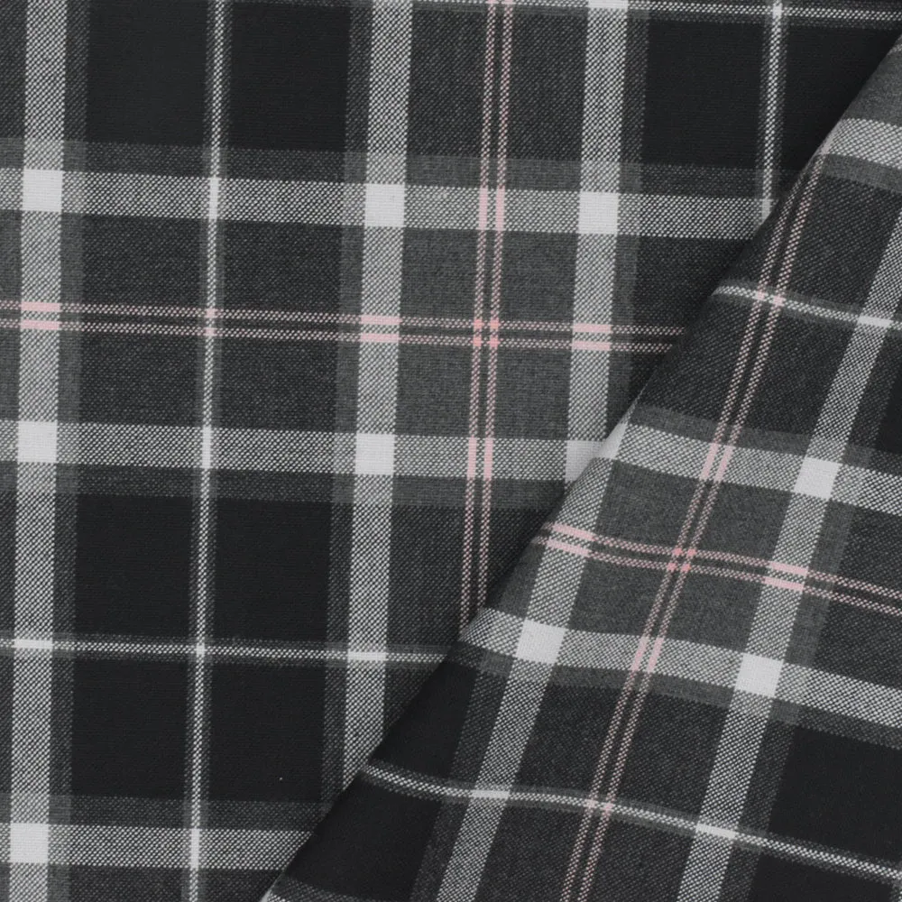 Simple Black-Gray-Pink Plaid Wool-Poly Woven Suiting Fabric