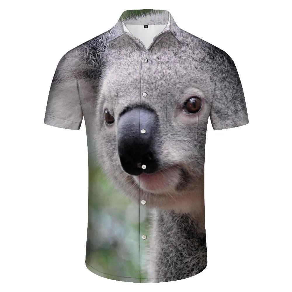 Sleeping Koala Bear Cute Shirt Cute Print Men's Casual Loose Clothes Summer Button Short Sleeve Beach Animal Protection