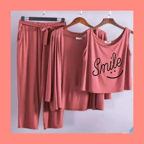 Smiley Women Night Suit PJ 3 Pieces Set