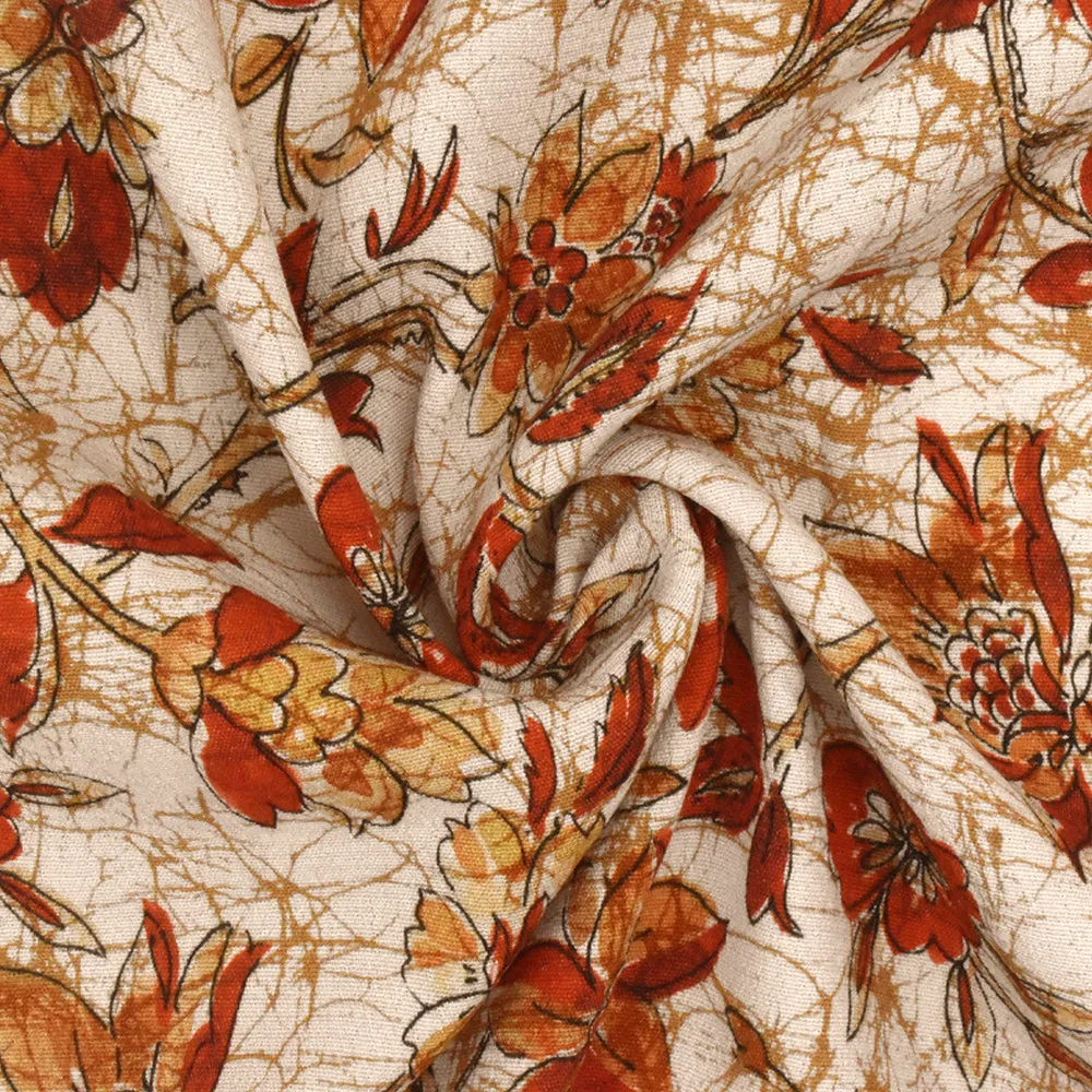 Sunset Red-Multi Famous Designer Floral Printed Rayon Crepe Faille Fabric