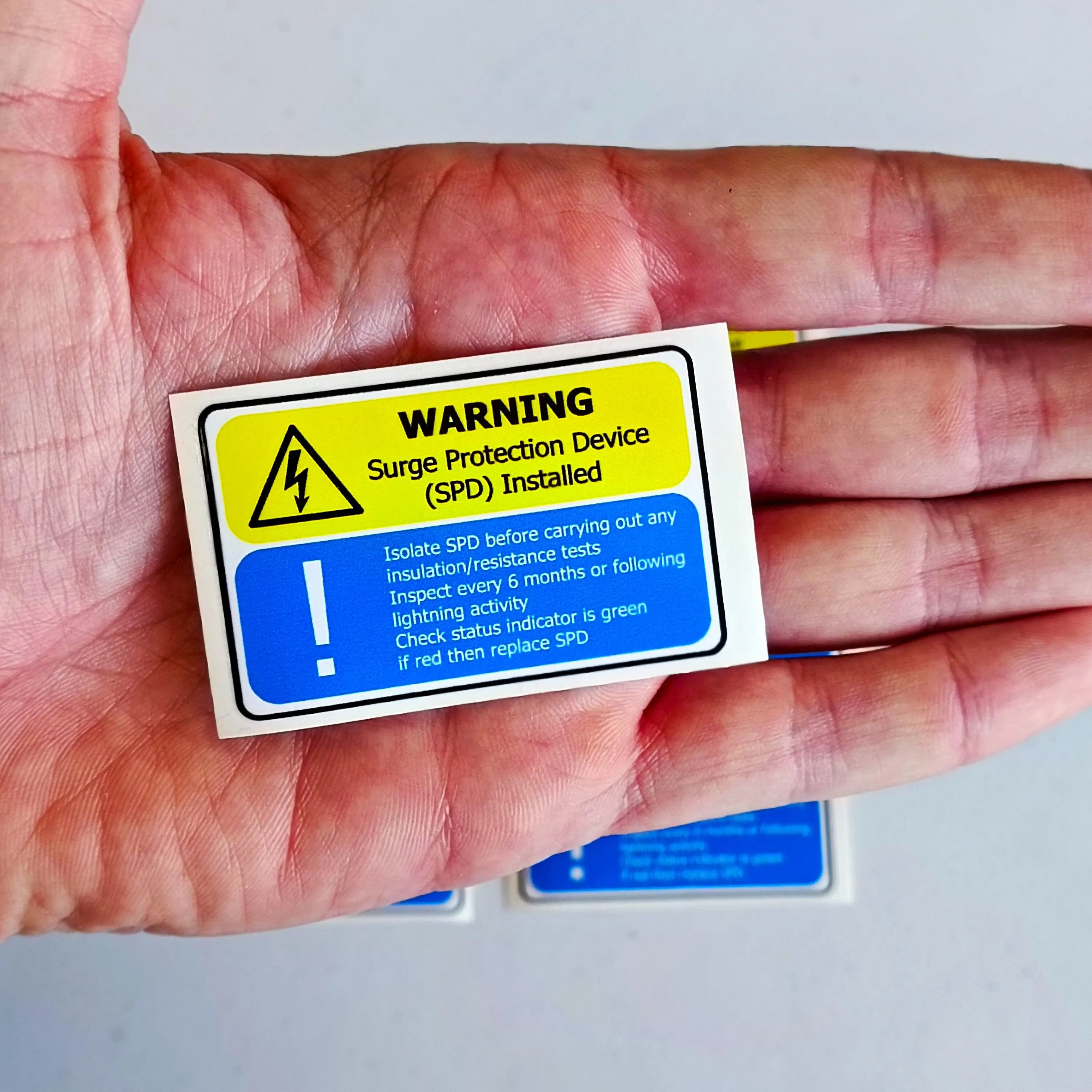 Surge Protection Device (SPD) Warning Label | Electrical Safety Decal | Yellow and Blue SPD Instruction Sticker Electrician Safety Supplies