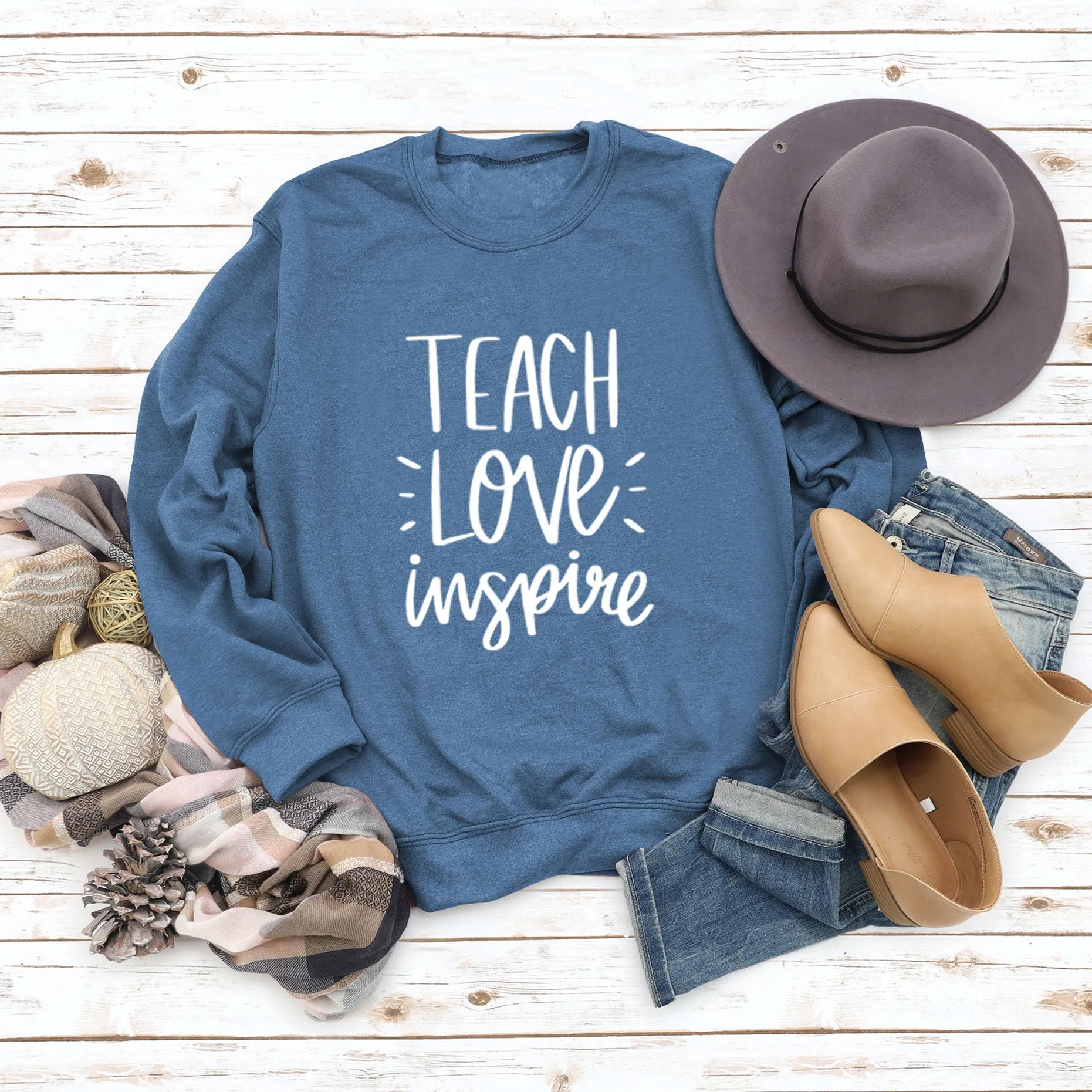 Teach Love Inspire Round Neck Fashion Large Size Women Long Sleeve Sweater Shirt