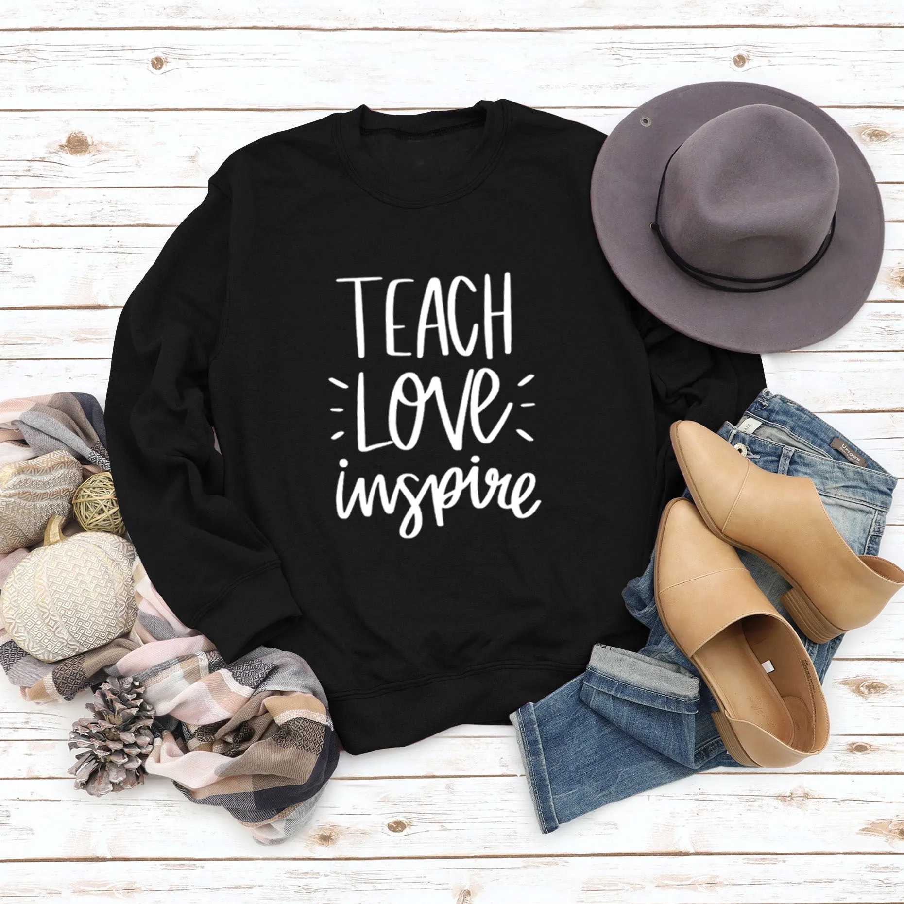 Teach Love Inspire Round Neck Fashion Large Size Women Long Sleeve Sweater Shirt