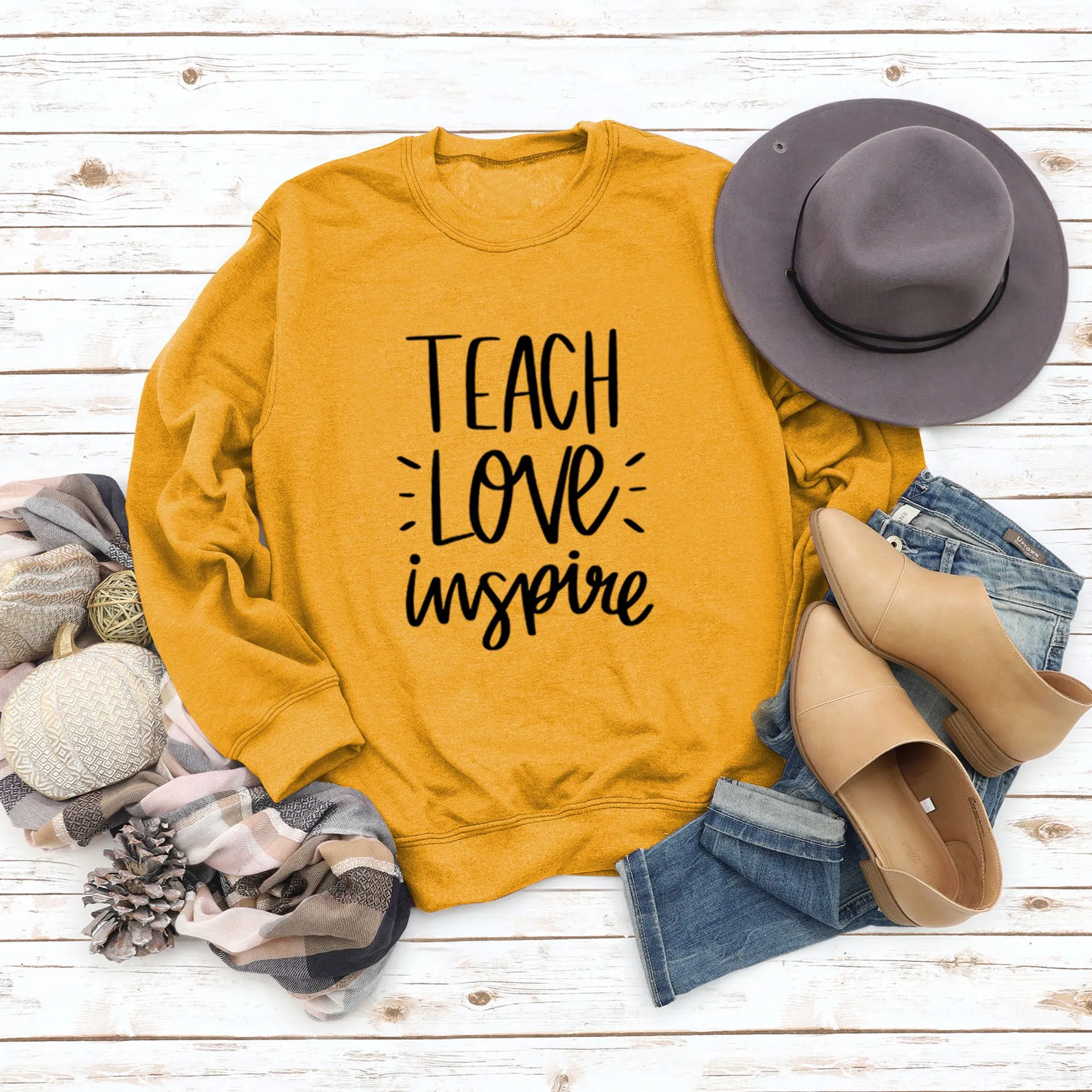 Teach Love Inspire Round Neck Fashion Large Size Women Long Sleeve Sweater Shirt