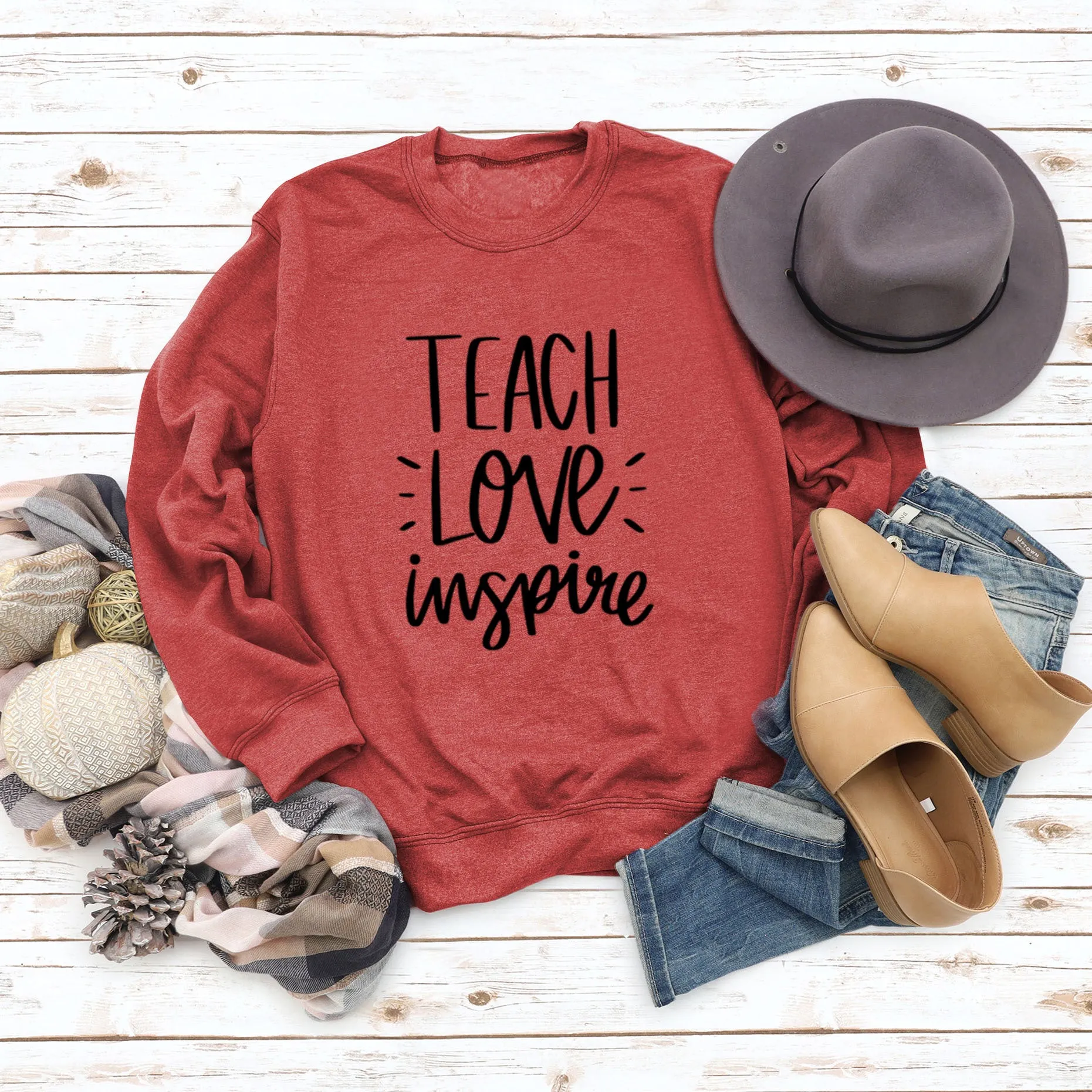 Teach Love Inspire Round Neck Fashion Large Size Women Long Sleeve Sweater Shirt