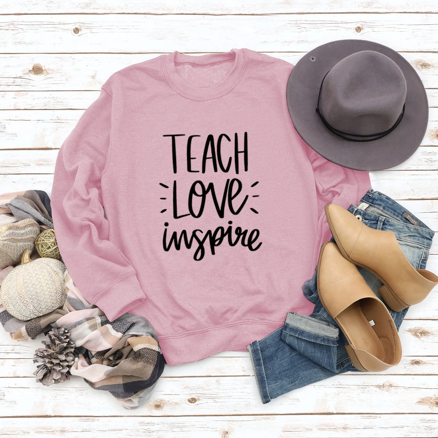 Teach Love Inspire Round Neck Fashion Large Size Women Long Sleeve Sweater Shirt