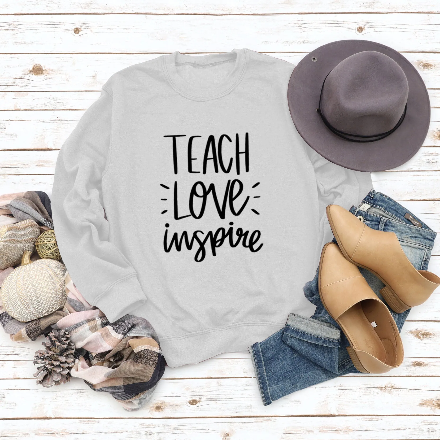 Teach Love Inspire Round Neck Fashion Large Size Women Long Sleeve Sweater Shirt