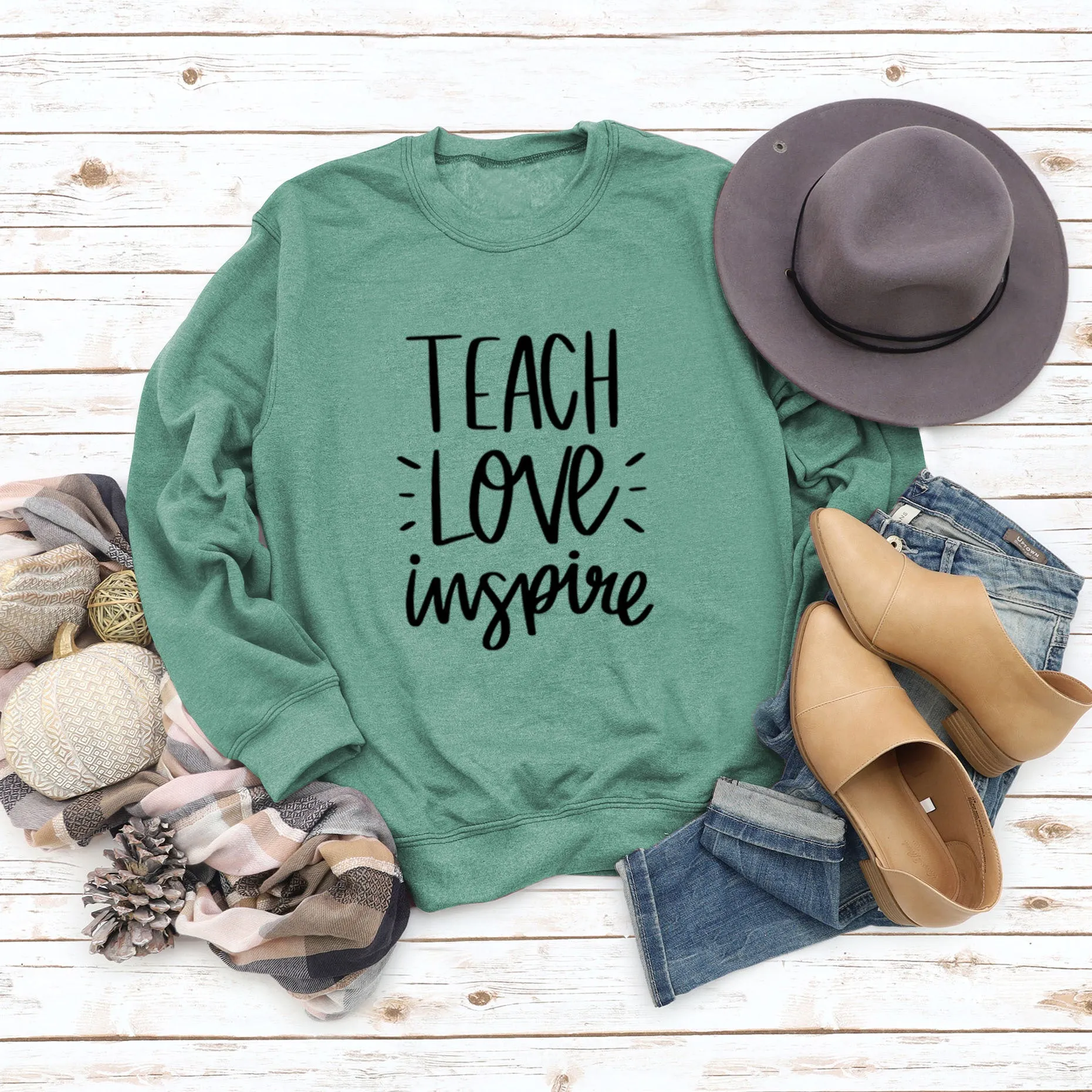 Teach Love Inspire Round Neck Fashion Large Size Women Long Sleeve Sweater Shirt