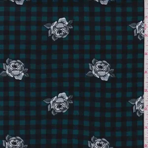 Teal/Black Floral Check Double Brushed Jersey Knit Fabric