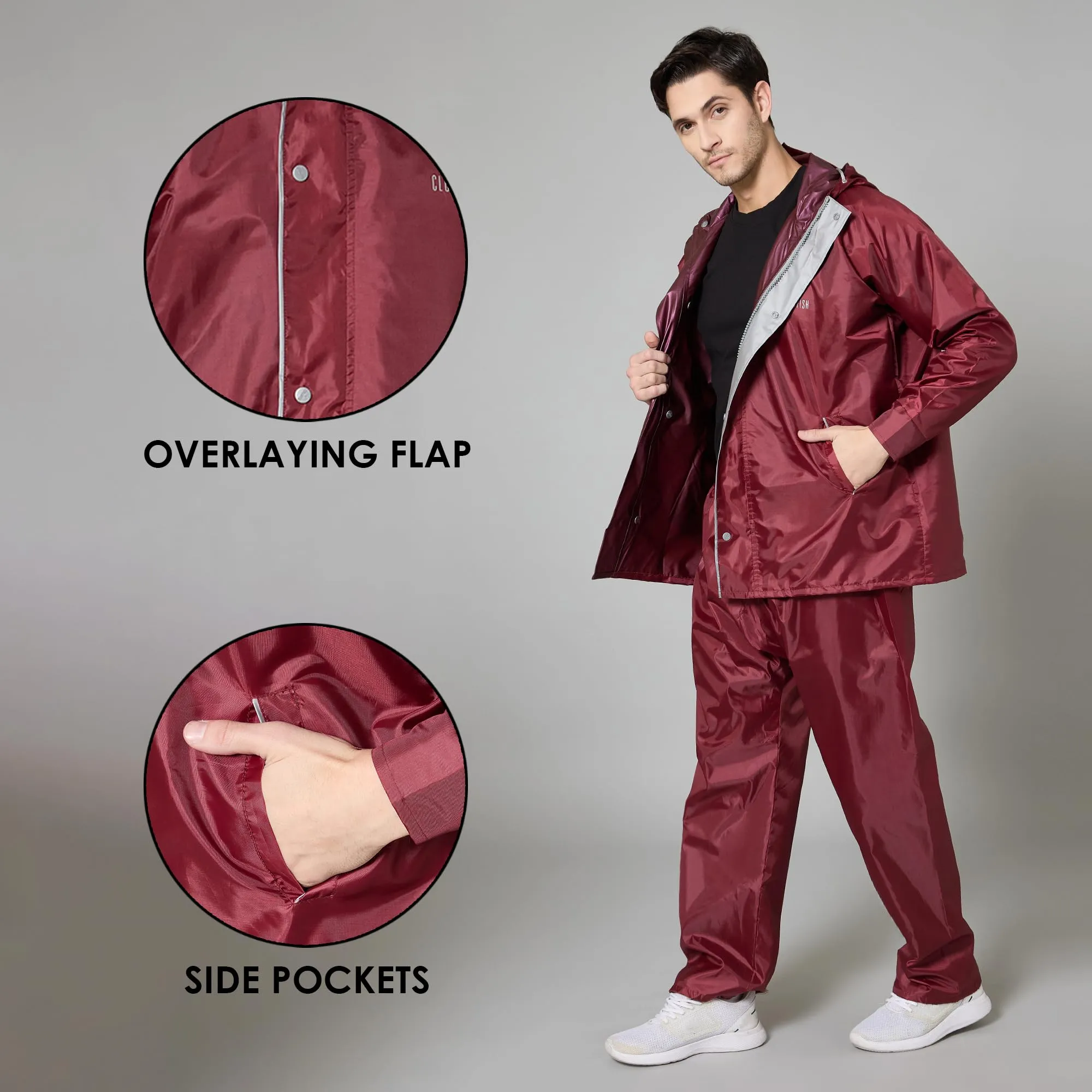 THE CLOWNFISH Rain Coat for Men Waterproof Raincoat with Pants Polyester Reversible Double Layer Rain Coat For Men Bike Rain Suit Rain Jacket Suit Inner Mobile Pocket with Storage Bag (Maroon XXXL)