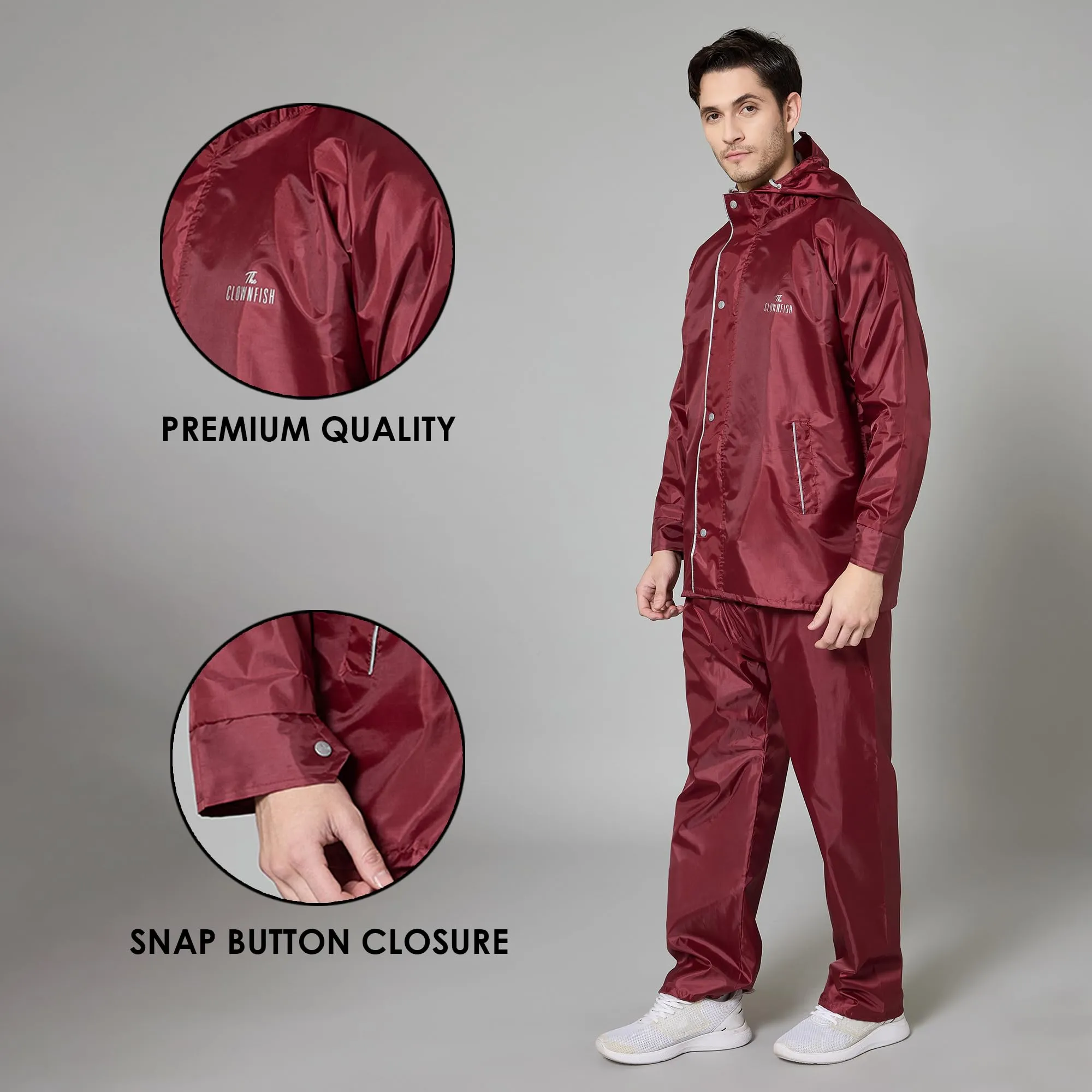 THE CLOWNFISH Rain Coat for Men Waterproof Raincoat with Pants Polyester Reversible Double Layer Rain Coat For Men Bike Rain Suit Rain Jacket Suit Inner Mobile Pocket with Storage Bag (Maroon XXXL)