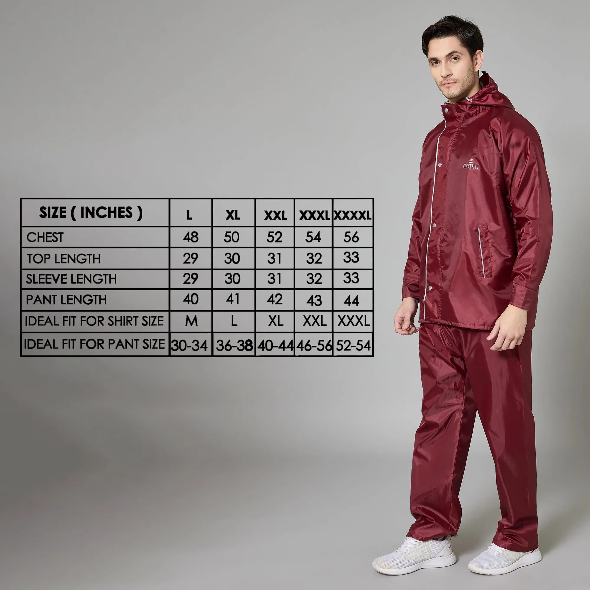 THE CLOWNFISH Rain Coat for Men Waterproof Raincoat with Pants Polyester Reversible Double Layer Rain Coat For Men Bike Rain Suit Rain Jacket Suit Inner Mobile Pocket with Storage Bag (Maroon XXXL)