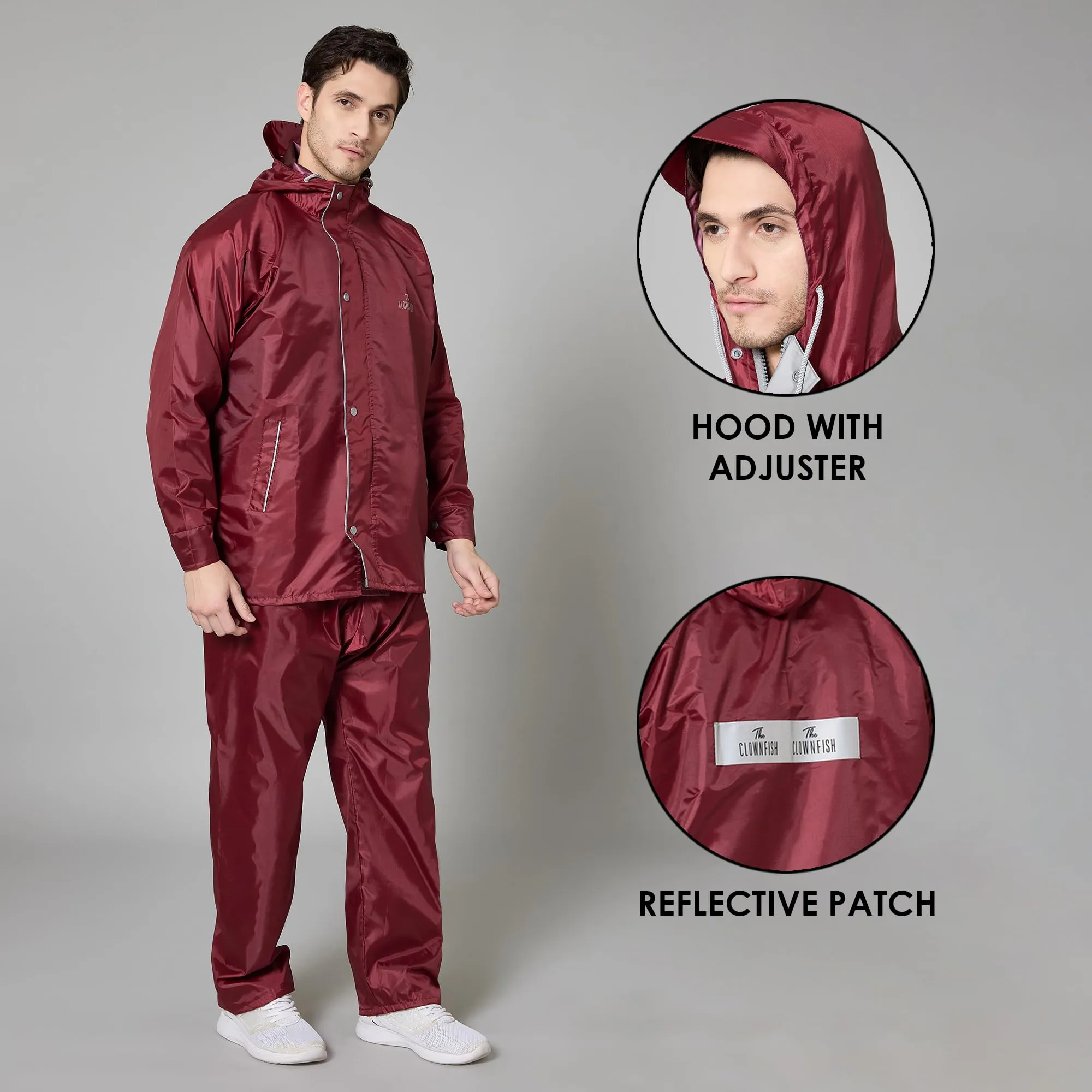 THE CLOWNFISH Rain Coat for Men Waterproof Raincoat with Pants Polyester Reversible Double Layer Rain Coat For Men Bike Rain Suit Rain Jacket Suit Inner Mobile Pocket with Storage Bag (Maroon XXXL)