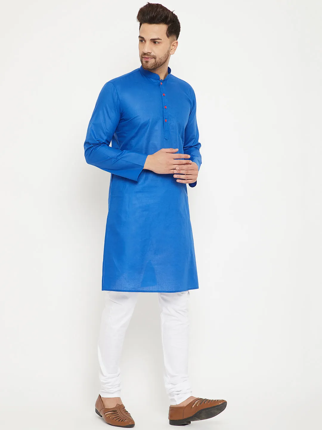 VASTRAMAY Men's Blue and White Kurta Set