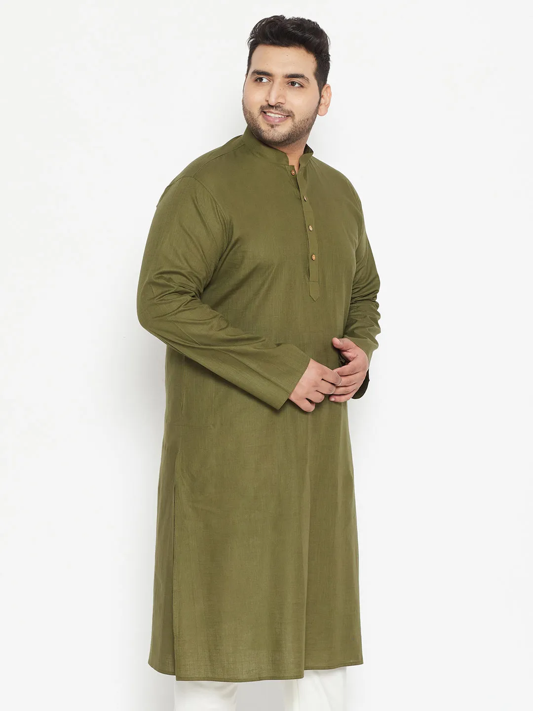 VASTRAMAY Men's Mahendi Green Cotton Blend Kurta