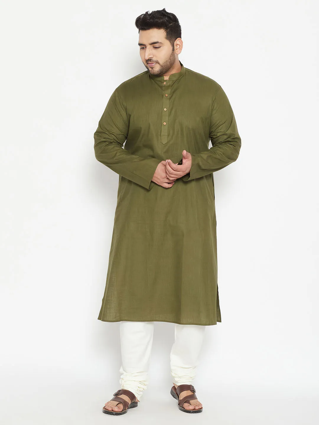 VASTRAMAY Men's Mahendi Green Cotton Blend Kurta